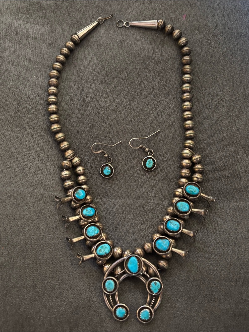 Sterling Silver and Turquoise Squash Blossom Necklace and Earring Set - Blue